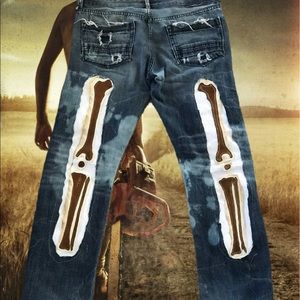 Custom leather patches stacked jeans.